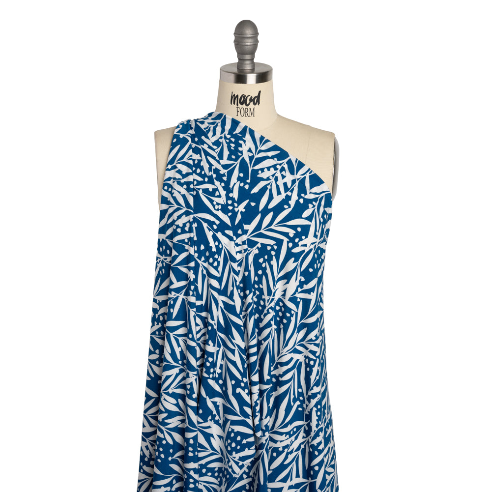 Stretch Polyester Tricot - Blue and White Leafy Stems - Designer Deadstock