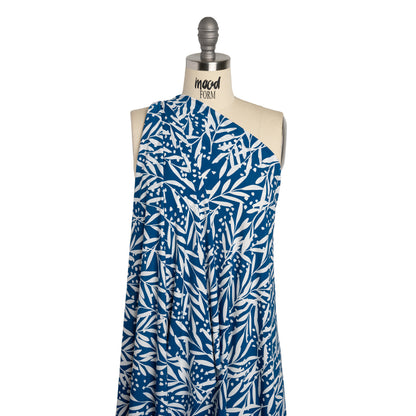 Stretch Polyester Tricot - Blue and White Leafy Stems - Designer Deadstock