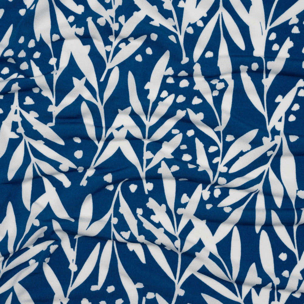 Stretch Polyester Tricot - Blue and White Leafy Stems - Designer Deadstock