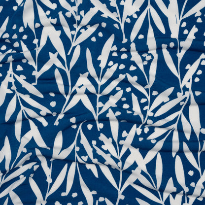 Stretch Polyester Tricot - Blue and White Leafy Stems - Designer Deadstock
