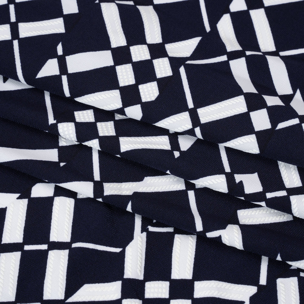 Stretch Polyester Tricot with Puff Print - Midnight Navy and White Broken Argyle Plaid - Designer Deadstock