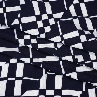 Stretch Polyester Tricot with Puff Print - Midnight Navy and White Broken Argyle Plaid - Designer Deadstock