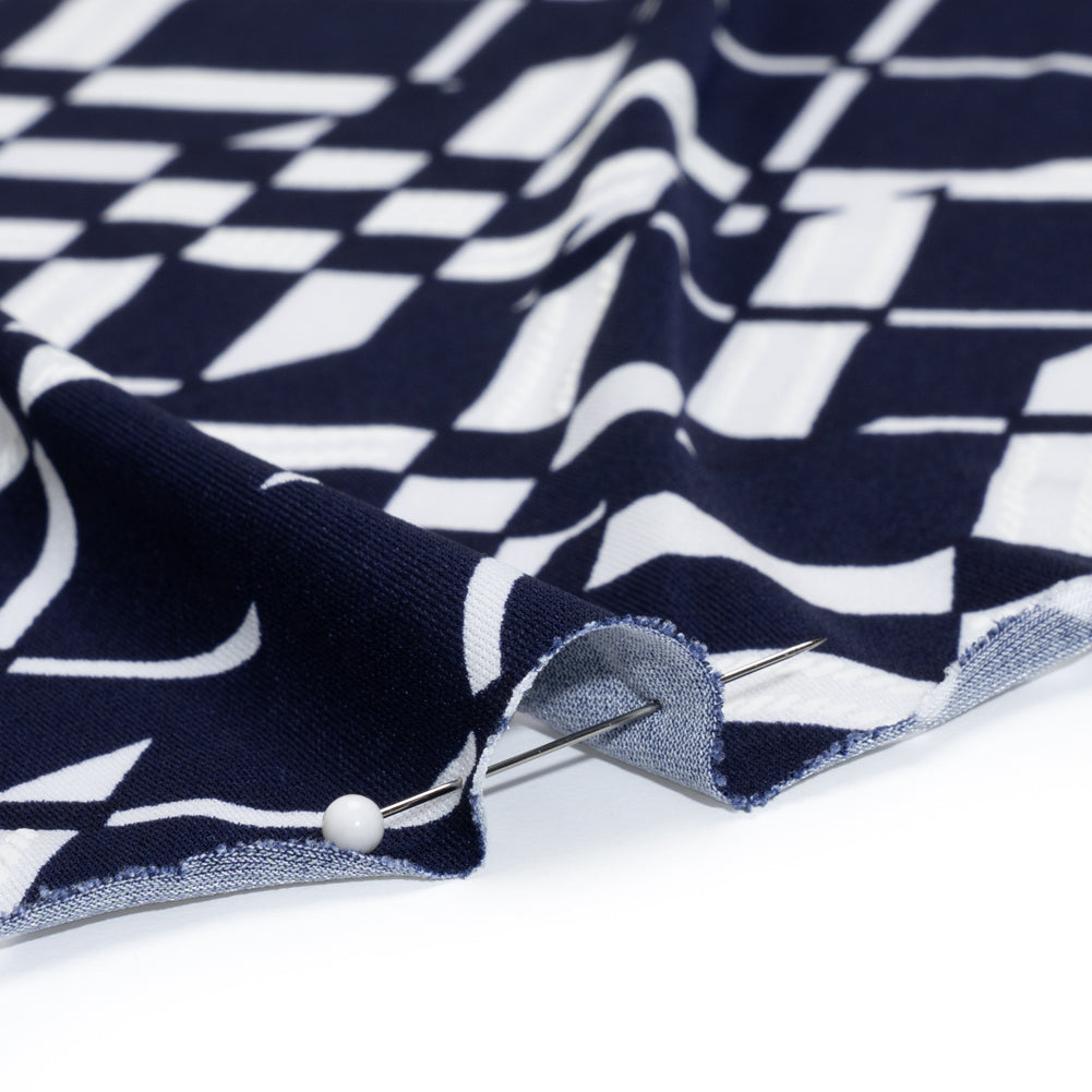Stretch Polyester Tricot with Puff Print - Midnight Navy and White Broken Argyle Plaid - Designer Deadstock