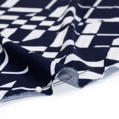 Stretch Polyester Tricot with Puff Print - Midnight Navy and White Broken Argyle Plaid - Designer Deadstock