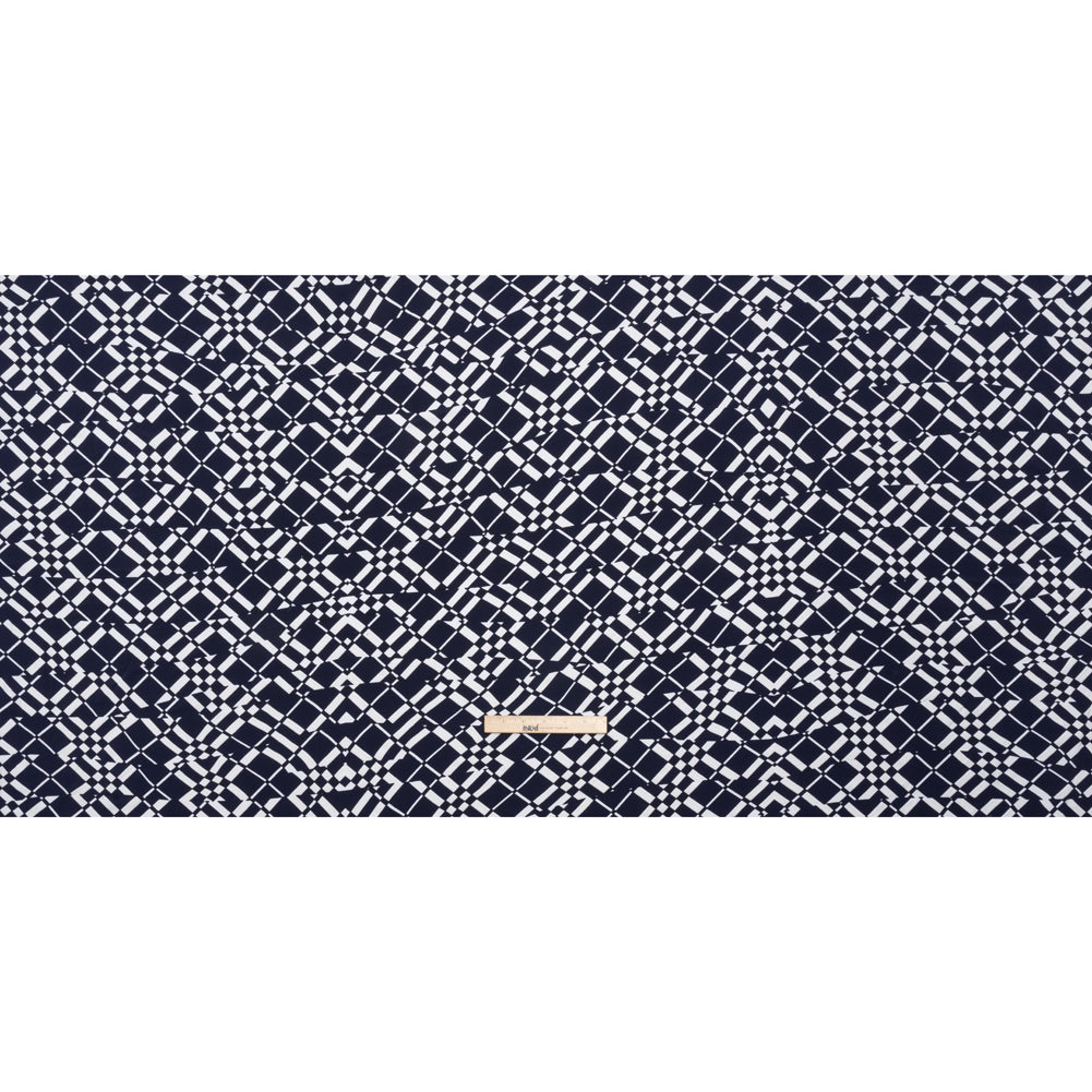 Stretch Polyester Tricot with Puff Print - Midnight Navy and White Broken Argyle Plaid - Designer Deadstock