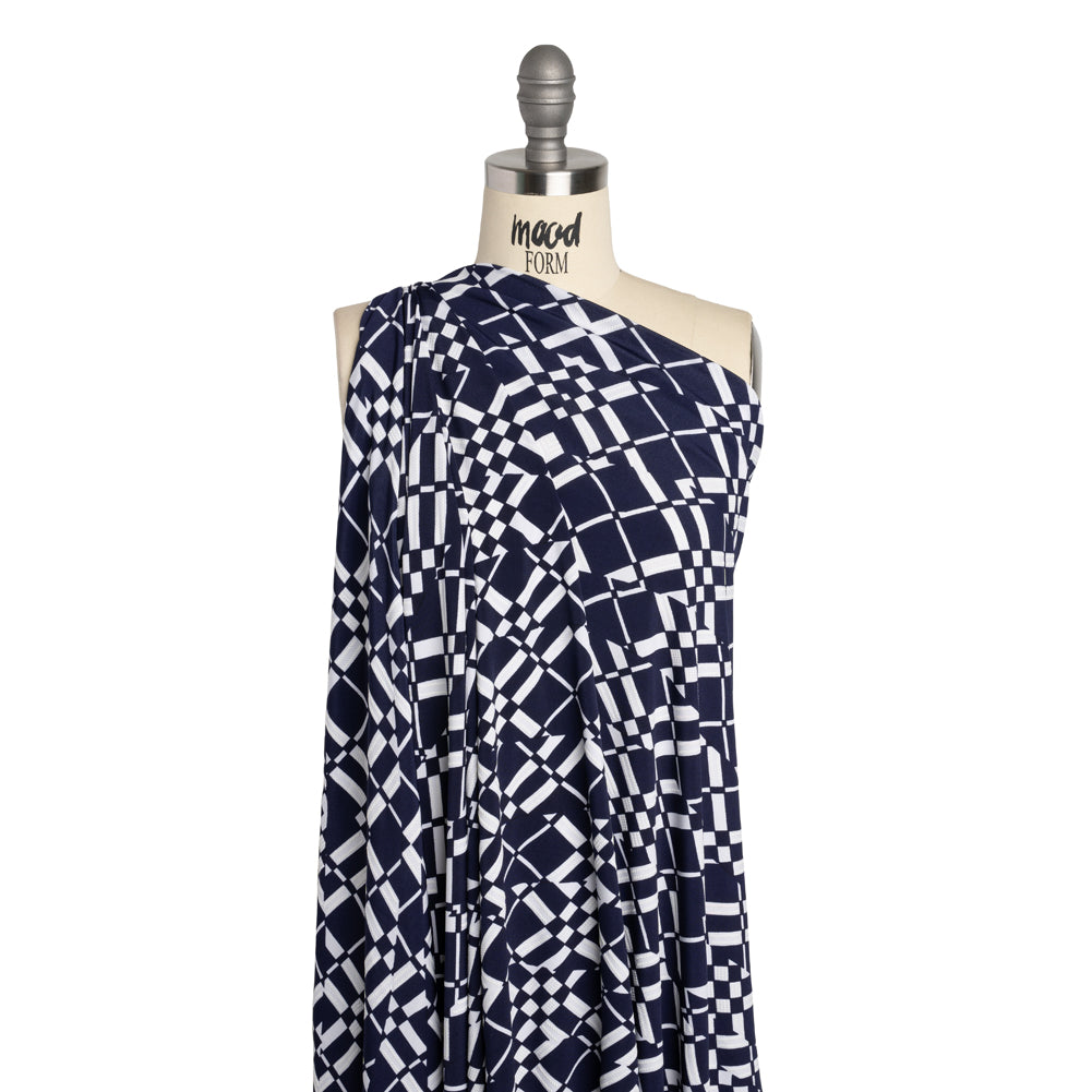 Stretch Polyester Tricot with Puff Print - Midnight Navy and White Broken Argyle Plaid - Designer Deadstock