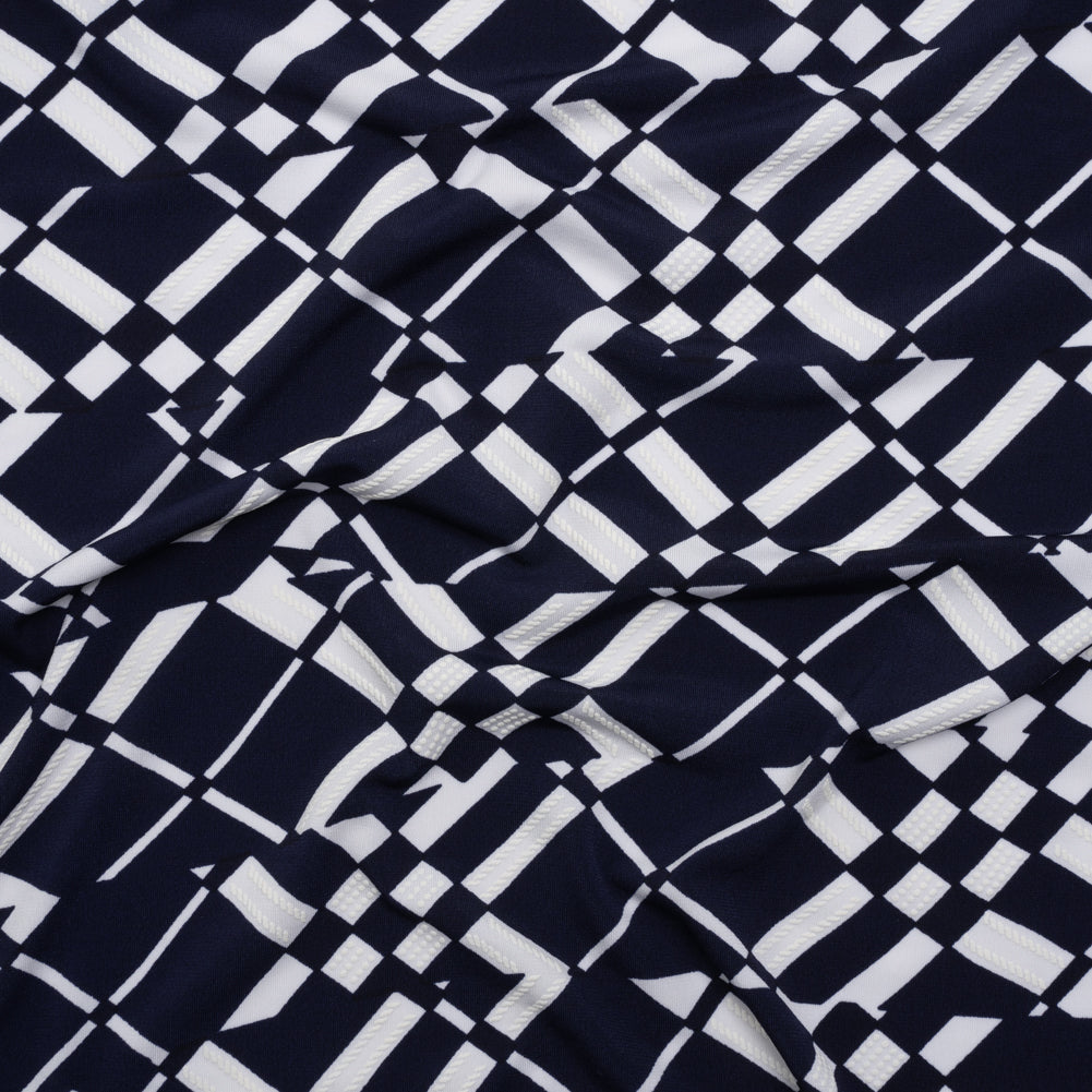Stretch Polyester Tricot with Puff Print - Midnight Navy and White Broken Argyle Plaid - Designer Deadstock
