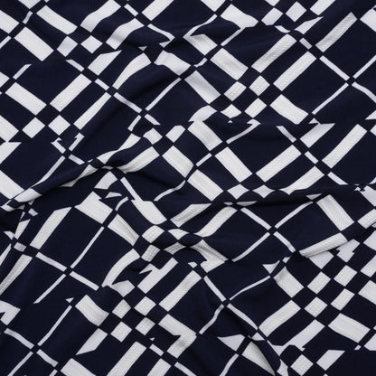 Stretch Polyester Tricot with Puff Print - Midnight Navy and White Broken Argyle Plaid - Designer Deadstock