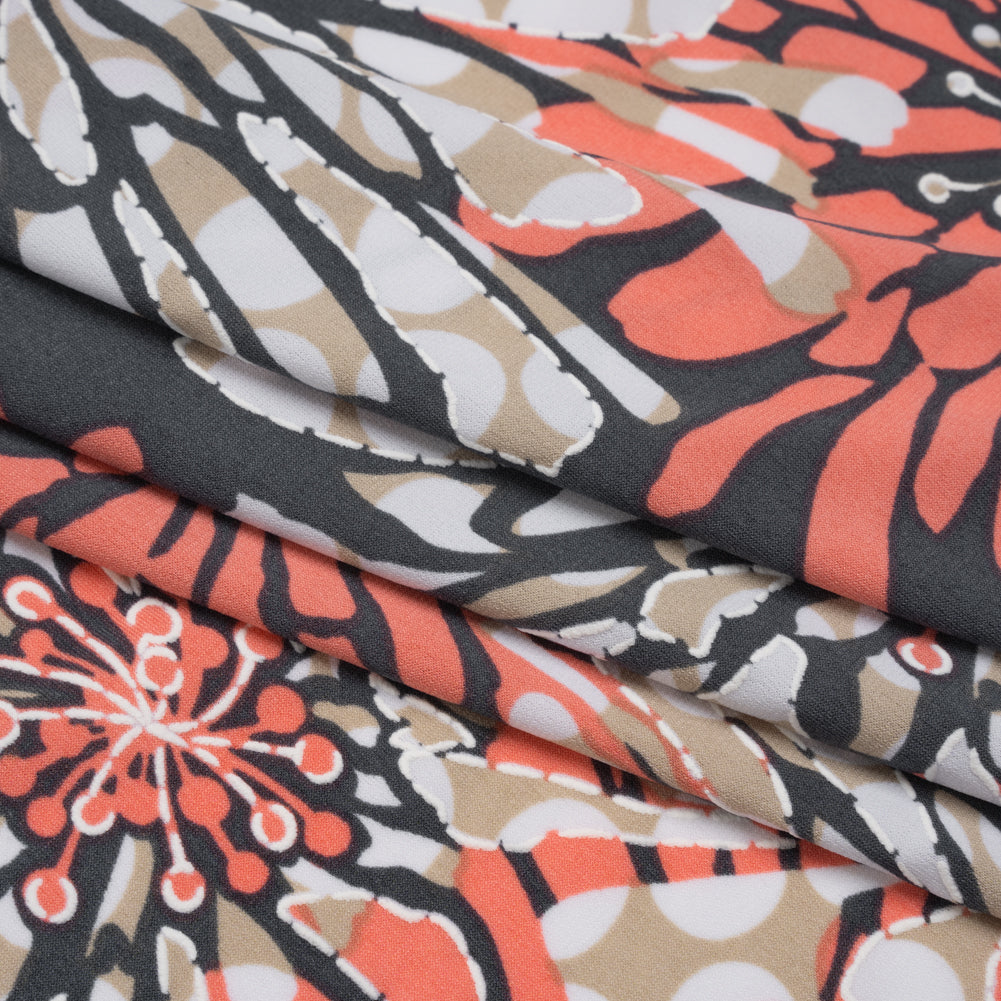 Stretch Polyester Tricot with Puff Print Outlines - Gray, Coral and Beige Floral - Designer Deadstock