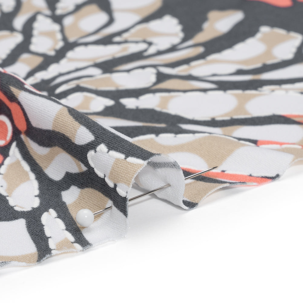 Stretch Polyester Tricot with Puff Print Outlines - Gray, Coral and Beige Floral - Designer Deadstock