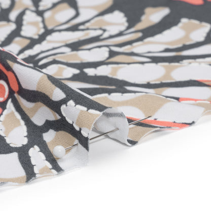 Stretch Polyester Tricot with Puff Print Outlines - Gray, Coral and Beige Floral - Designer Deadstock