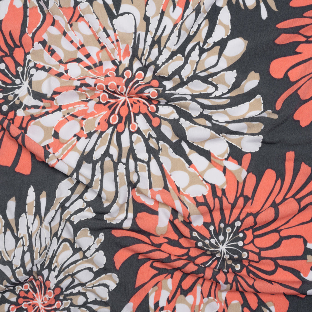 Stretch Polyester Tricot with Puff Print Outlines - Gray, Coral and Beige Floral - Designer Deadstock