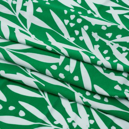 Stretch Polyester Tricot - Kelly Green and White Leafy Stems - Designer Deadstock