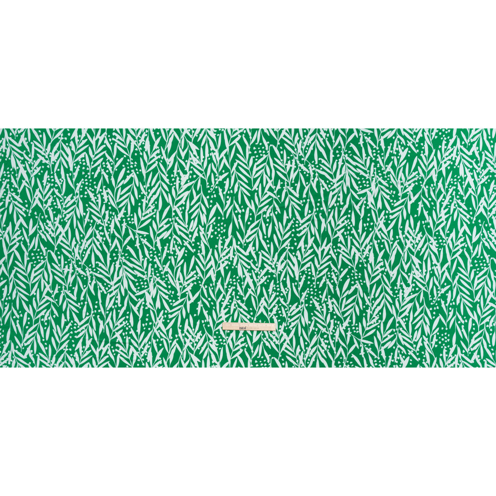 Stretch Polyester Tricot - Kelly Green and White Leafy Stems - Designer Deadstock