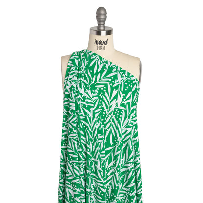 Stretch Polyester Tricot - Kelly Green and White Leafy Stems - Designer Deadstock