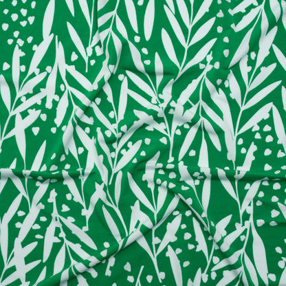 Stretch Polyester Tricot - Kelly Green and White Leafy Stems - Designer Deadstock