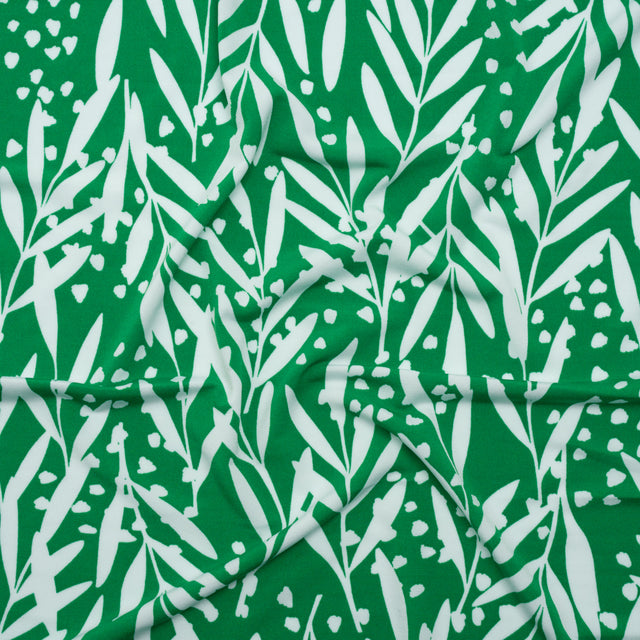 Stretch Polyester Tricot - Kelly Green and White Leafy Stems - Designer Deadstock