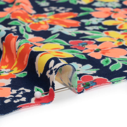 Stretch Polyester Tricot - Navy, Orange and Yellow Floral - Designer Deadstock