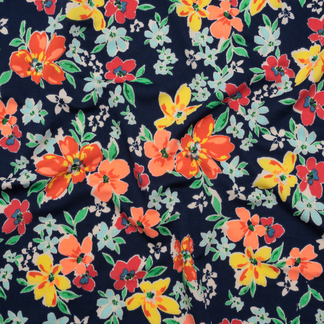 Stretch Polyester Tricot - Navy, Orange and Yellow Floral - Designer Deadstock