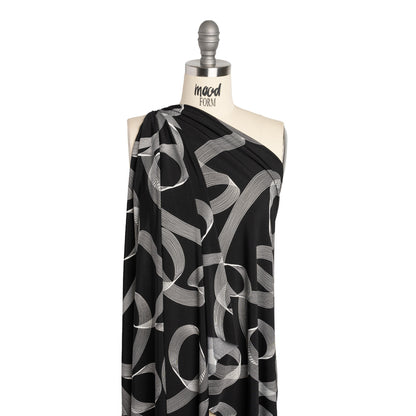 Stretch Polyester Tricot - Black and White Looping Lines - Designer Deadstock