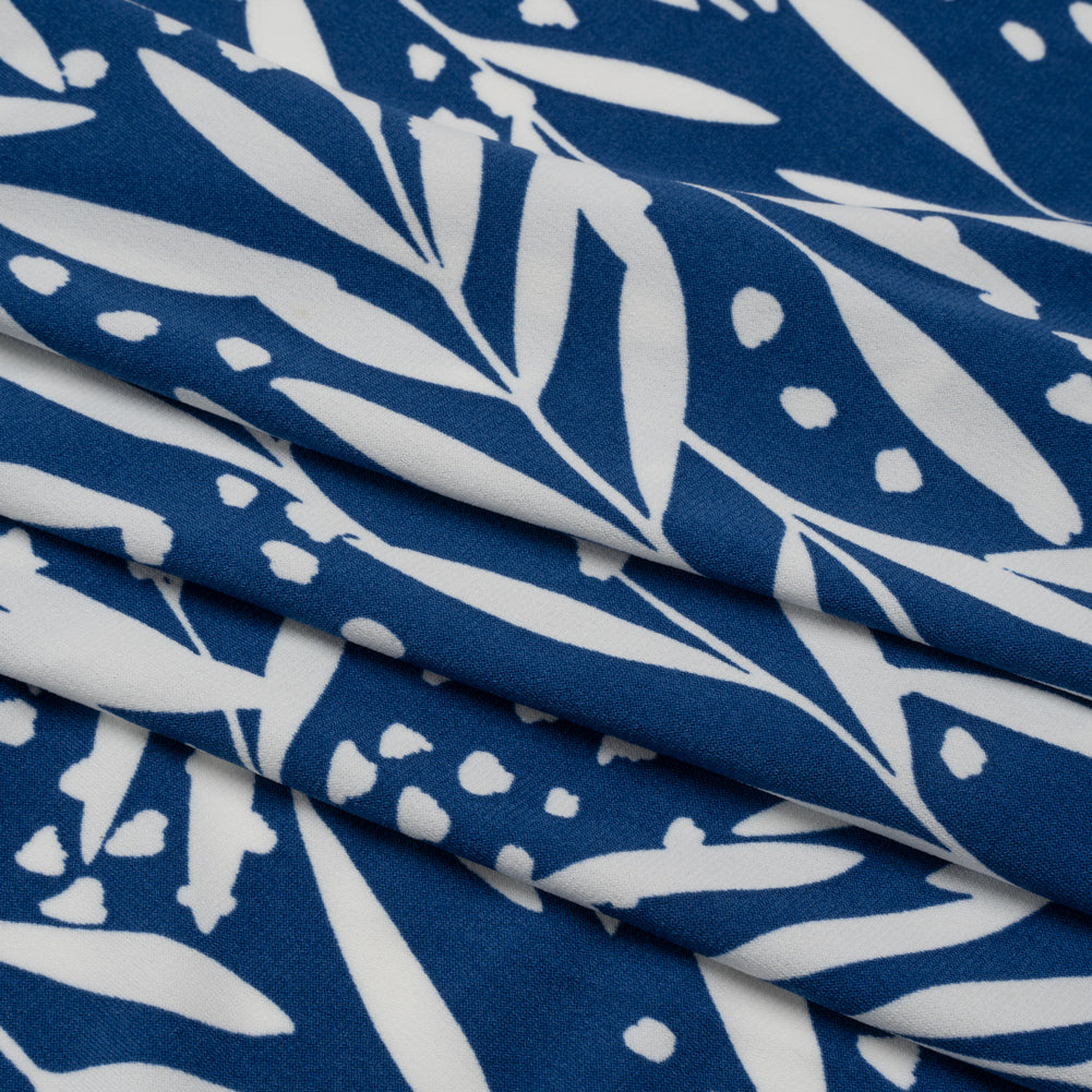 Stretch Polyester Tricot - Dark Blue and White Leafy Stems - Designer Deadstock