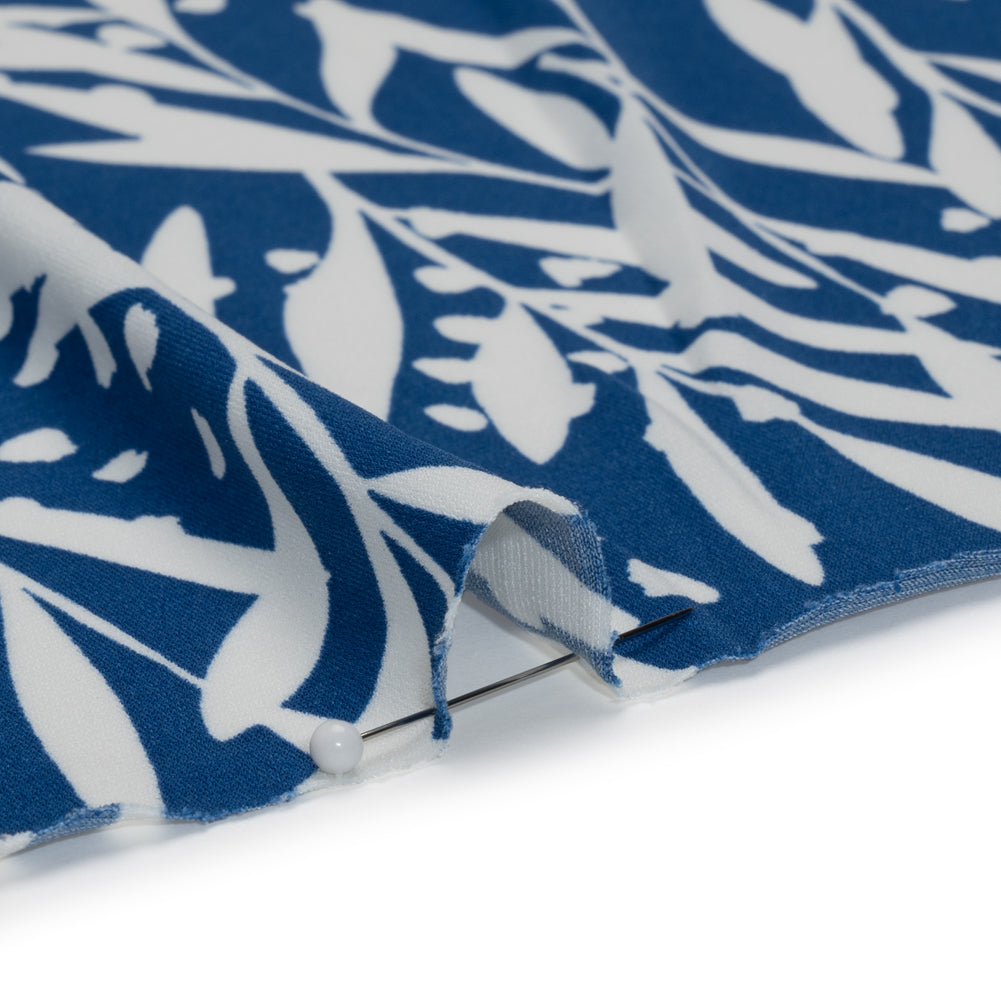 Stretch Polyester Tricot - Dark Blue and White Leafy Stems - Designer Deadstock