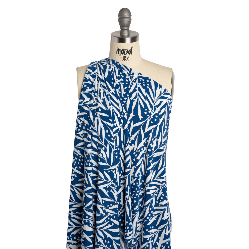 Stretch Polyester Tricot - Dark Blue and White Leafy Stems - Designer Deadstock