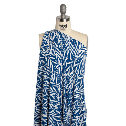 Stretch Polyester Tricot - Dark Blue and White Leafy Stems - Designer Deadstock