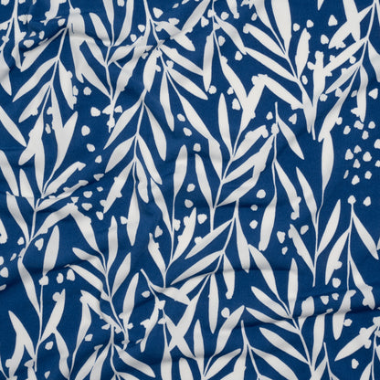 Stretch Polyester Tricot - Dark Blue and White Leafy Stems - Designer Deadstock