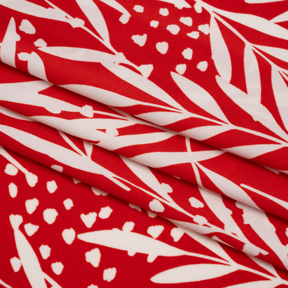 Stretch Polyester Tricot - Scarlet Red and White Leafy Stems - Designer Deadstock - Folded
