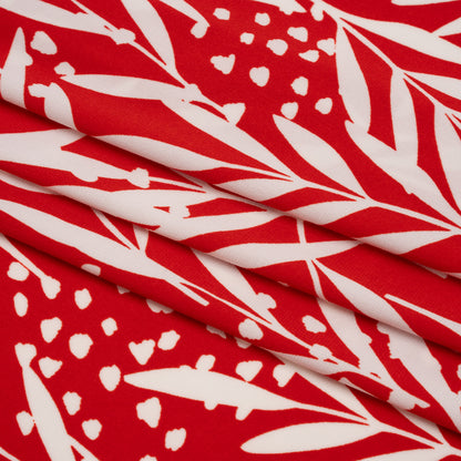 Stretch Polyester Tricot - Scarlet Red and White Leafy Stems - Designer Deadstock