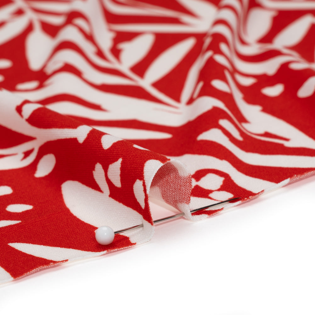 Stretch Polyester Tricot - Scarlet Red and White Leafy Stems - Designer Deadstock - Detail