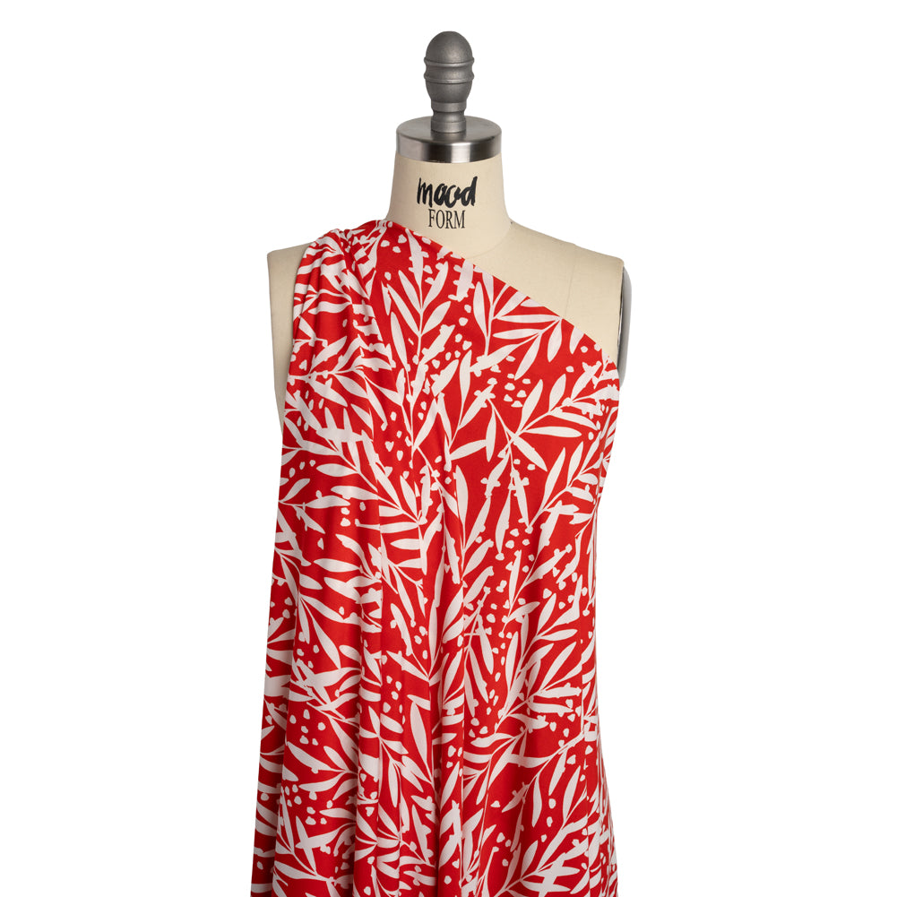 Stretch Polyester Tricot - Scarlet Red and White Leafy Stems - Designer Deadstock - Drape