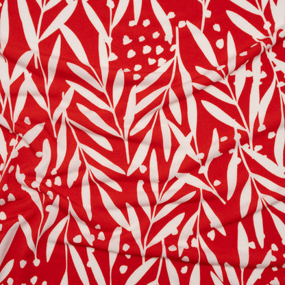 Stretch Polyester Tricot - Scarlet Red and White Leafy Stems - Designer Deadstock