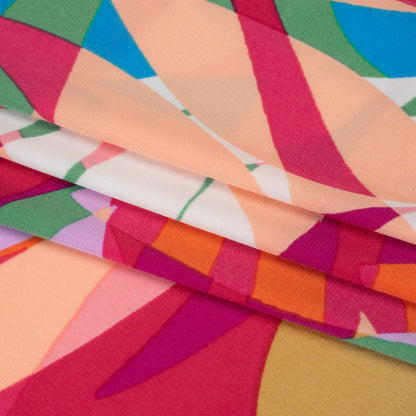 Stretch Polyester Tricot - Magenta, Green and Beige Overlapping Palm Leaves - Designer Deadstock