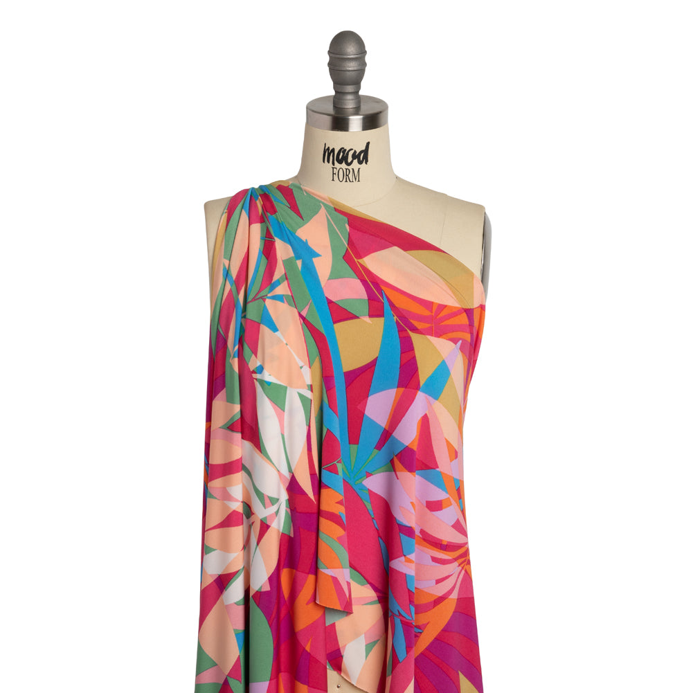 Stretch Polyester Tricot - Magenta, Green and Beige Overlapping Palm Leaves - Designer Deadstock