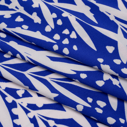 Stretch Polyester Tricot - Cobalt Blue and Off White Leafy Stems - Designer Deadstock