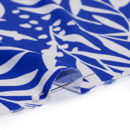 Stretch Polyester Tricot - Cobalt Blue and Off White Leafy Stems - Designer Deadstock