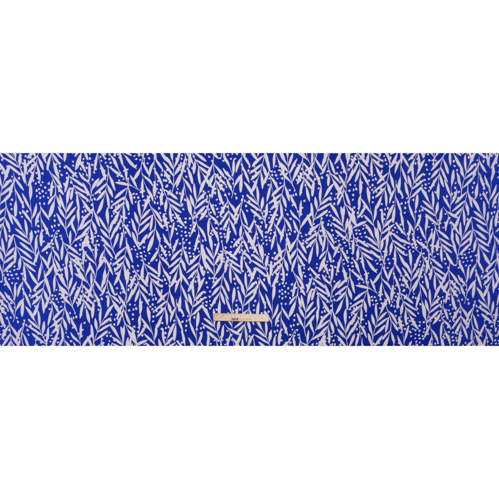 Stretch Polyester Tricot - Cobalt Blue and Off White Leafy Stems - Designer Deadstock
