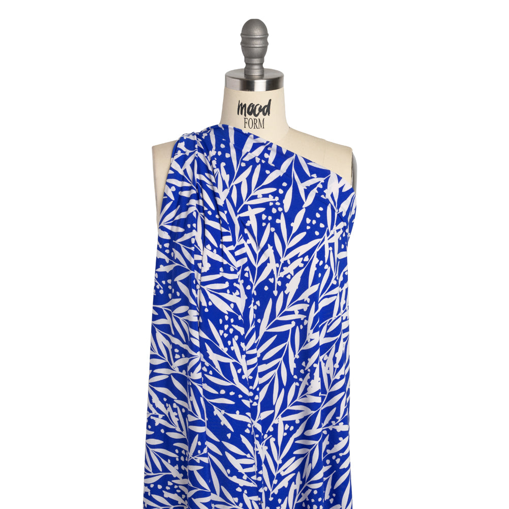 Stretch Polyester Tricot - Cobalt Blue and Off White Leafy Stems - Designer Deadstock
