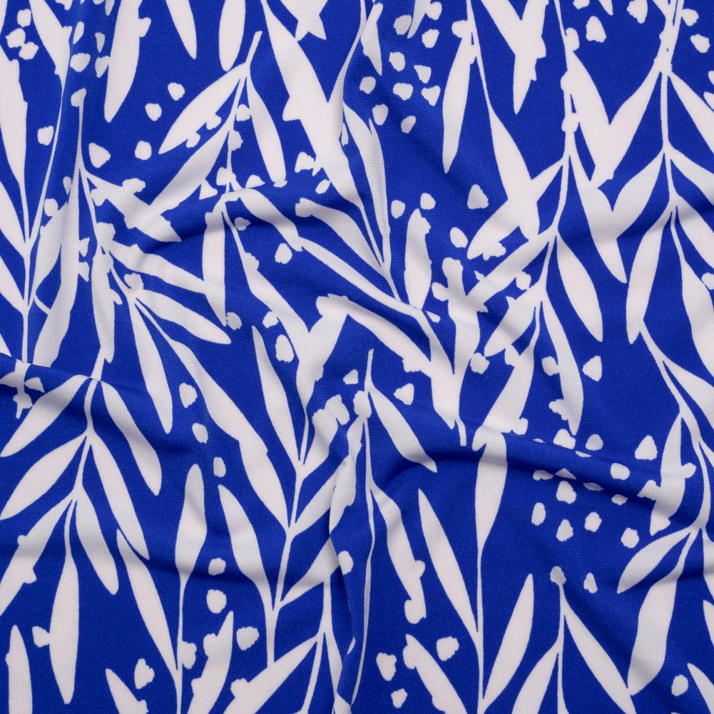 Stretch Polyester Tricot - Cobalt Blue and Off White Leafy Stems - Designer Deadstock