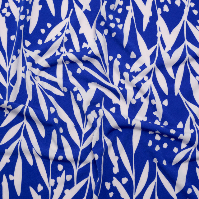 Stretch Polyester Tricot - Cobalt Blue and Off White Leafy Stems - Designer Deadstock