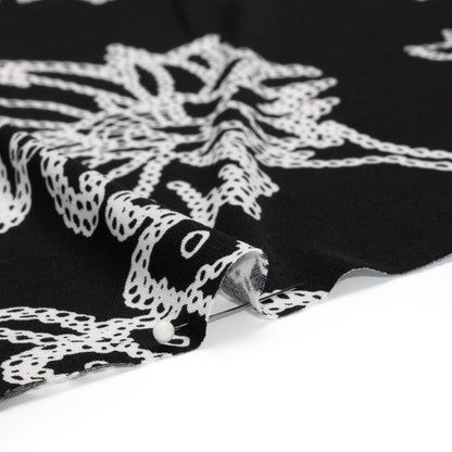 Stretch Polyester Tricot - Black and White Chain Stitch Flowers - Designer Deadstock