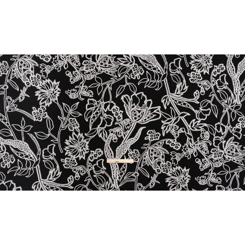 Stretch Polyester Tricot - Black and White Chain Stitch Flowers - Designer Deadstock