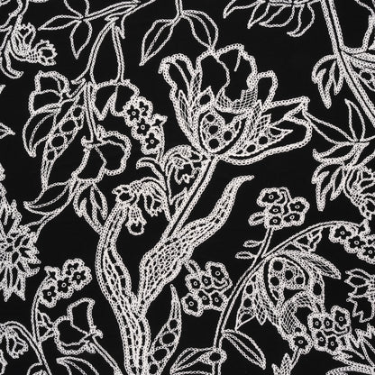 Stretch Polyester Tricot - Black and White Chain Stitch Flowers - Designer Deadstock