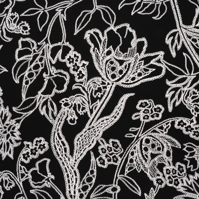 Stretch Polyester Tricot - Black and White Chain Stitch Flowers - Designer Deadstock