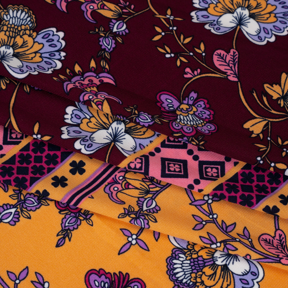 Stretch Polyester Tricot Panel - Burgundy, Creamsicle and Lilac Floral Patchwork and Decorative Stripes - Designer Deadstock