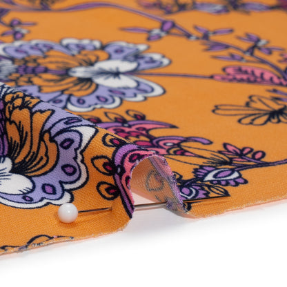 Stretch Polyester Tricot Panel - Burgundy, Creamsicle and Lilac Floral Patchwork and Decorative Stripes - Designer Deadstock