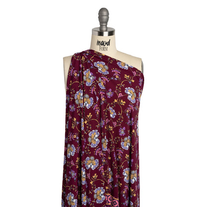 Stretch Polyester Tricot Panel - Burgundy, Creamsicle and Lilac Floral Patchwork and Decorative Stripes - Designer Deadstock