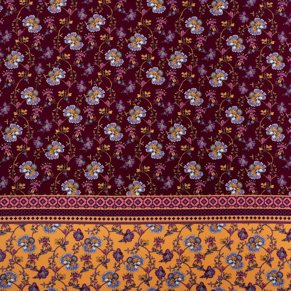Stretch Polyester Tricot Panel - Burgundy, Creamsicle and Lilac Floral Patchwork and Decorative Stripes - Designer Deadstock